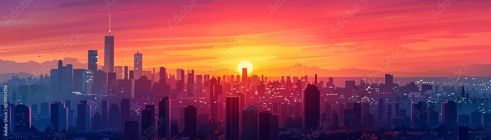 Craft a panoramic sunset over a bustling cityscape, showcasing vibrant hues melting into the horizon Render in photorealistic detail suitable for large-scale prints