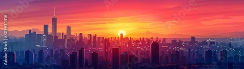 Craft a panoramic sunset over a bustling cityscape  showcasing vibrant hues melting into the horizon Render in photorealistic detail suitable for large-scale prints