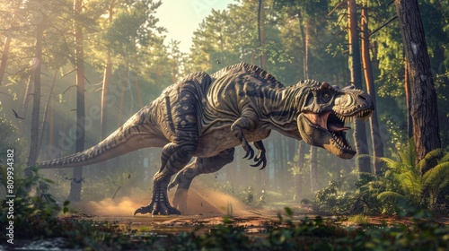 Three-Dimensional Carnotaurus Illustration: An Attacking Carnivore Hunting in a Cretaceous Forest
