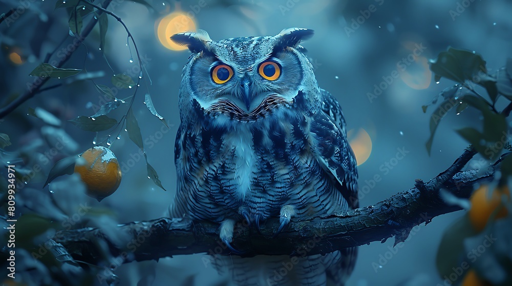 A curious owl, perched on a tree branch against a backdrop of moonlit sky, its piercing eyes A curious owl, perched on a tree branch against a backdrop of moonlit sky, its piercing eyes