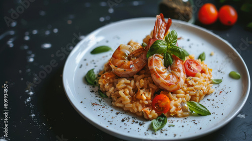 Delicious croatian seafood risotto with basil, cherry tomatoes, and succulent shrimps, served on a sleek dark platter