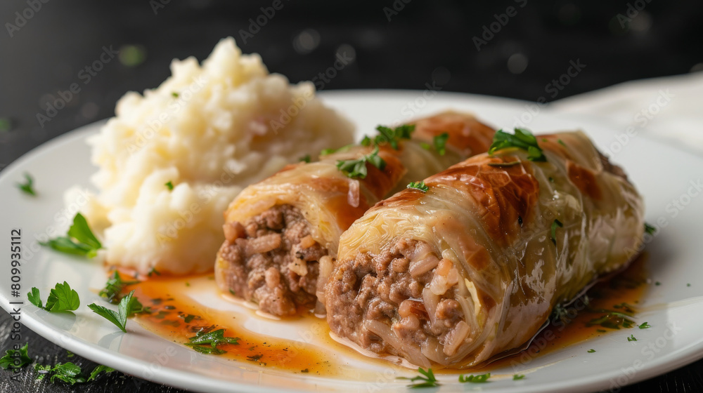 Croatian cabbage rolls with minced meat and creamy mashed potatoes served on a white plate Croatian cabbage rolls with minced meat and creamy mashed potatoes served on a white plate