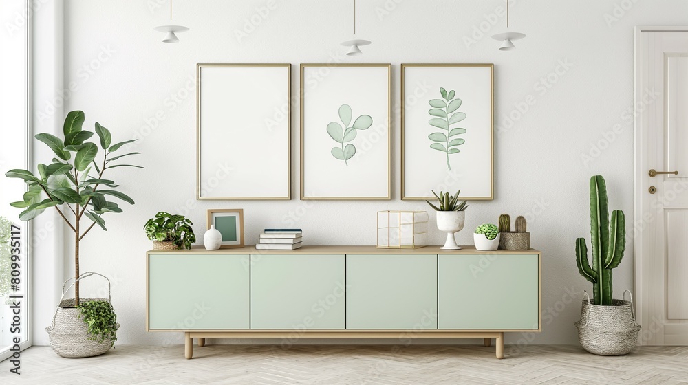 Fototapeta premium Frame mockup, simple cabinet, home room interior wall poster frame, 3D render