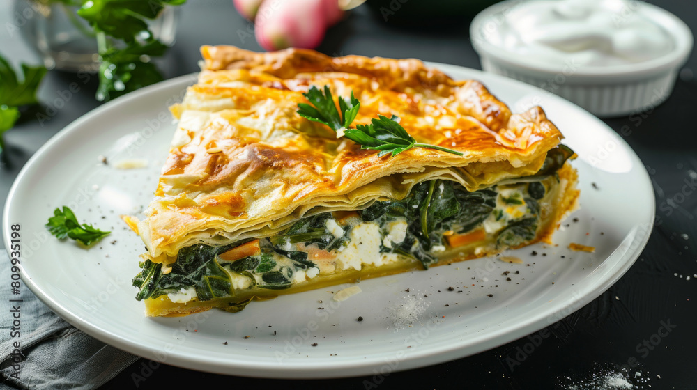 Savory croatian spinach and cheese pie served with yogurt and parsley on a white plate Savory croatian spinach and cheese pie served with yogurt and parsley on a white plate