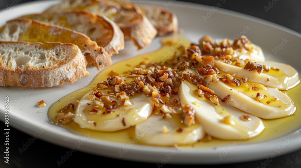 Fototapeta premium Delicious croatian cheese with a drizzle of olive oil, topped with crushed walnuts and served alongside garlic bread slices