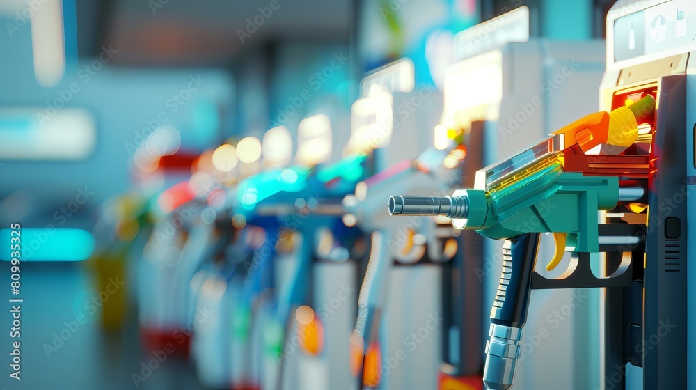 A collection of 3D-rendered white gas station equipment with colorful fuel guns, portrayed in a digital icon style