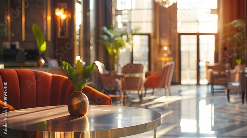 An empty area on a stylish table in a luxury hotel lobby, with high-end decor and warm lighting