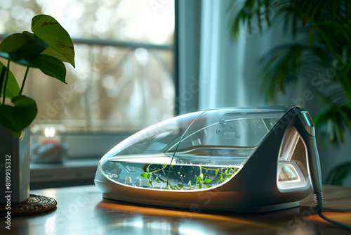 A modern steam iron with a transparent water tank, providing a clear view of the water level. photo