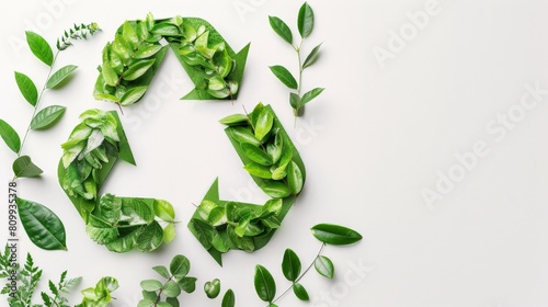 Green leaves forming a recycling symbol on white background.