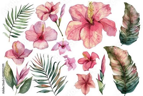 Beautiful watercolor tropical flowers and leaves set  perfect for tropical-themed designs