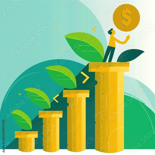 A person standing on top of the tallest column in a series of ascending bar graphs, holding up a dollar coin, with leaves sprouting from the columns, symbolizing financial growth and success.