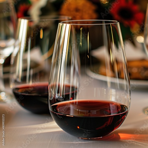 Two wine glasses with red wine on a softly background.