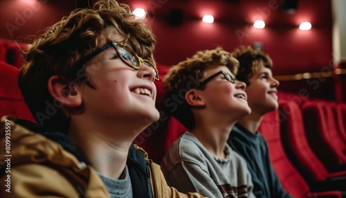 Three boys sitting in a cinema, watching a screen, of enjoying a movie in a theater setting.