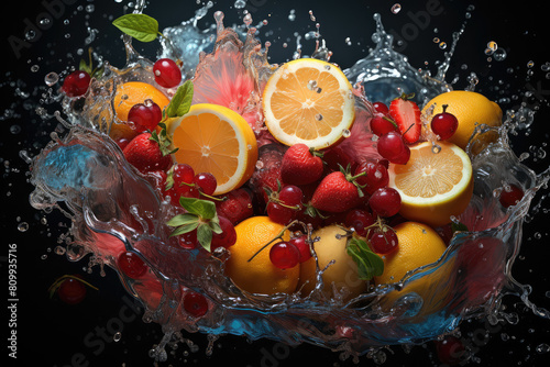 Fresh Citrus and Berries Splashing in Water