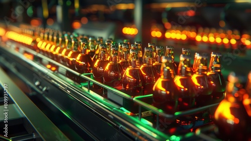 Production of brewing and bottling craft beer at a beer production plant. Conveyor with beer bottles.	
