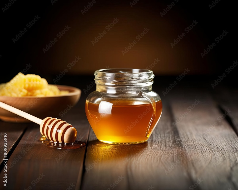 Organic honey jar and dipper on a wooden tabletop Organic honey jar and dipper on a wooden tabletop