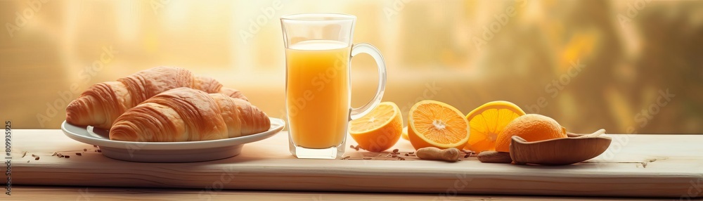 Morning breakfast tray with pastries and orange juice on a pine wood surface Morning breakfast tray with pastries and orange juice on a pine wood surface