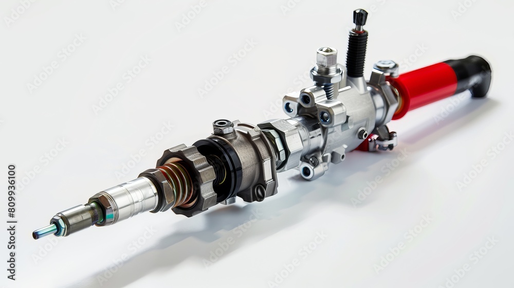 Close-up of a gasoline injector and pump displayed against a white background Close-up of a gasoline injector and pump displayed against a white background