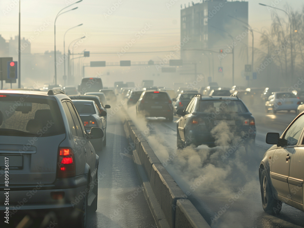 Obraz premium Morning traffic on a city road with cars emitting thick smoke under hazy conditions, highlighting urban pollution.