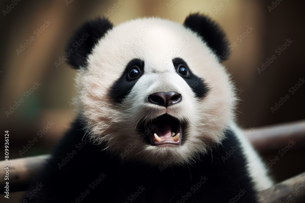 Obraz premium Close up portrait of an adorable surprised panda cub with a charming expression in its natural habitat, showcasing the innocent and curious nature of this endangered species