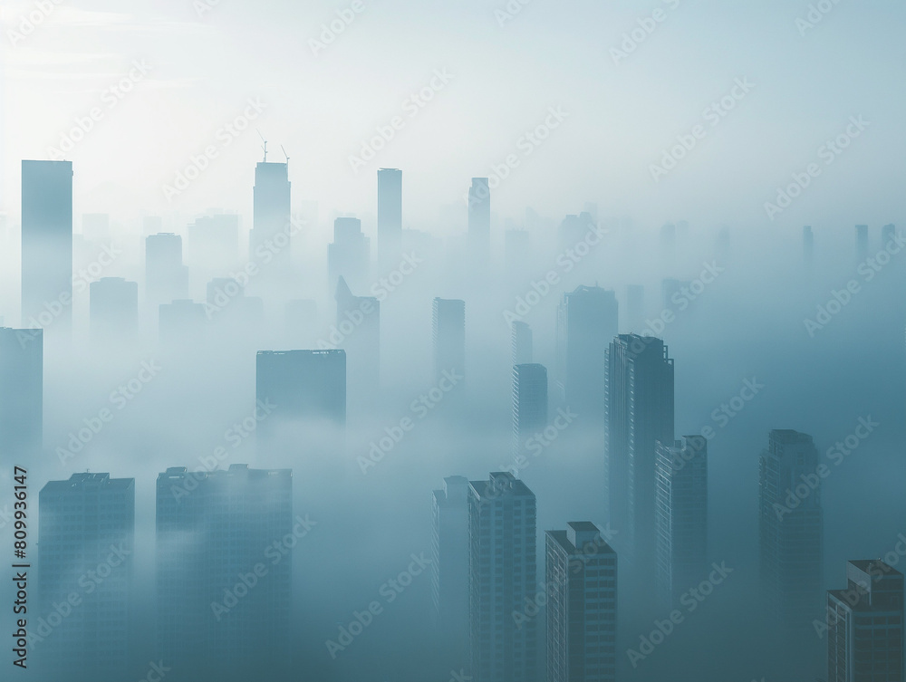 Description: A serene cityscape shrouded in dense morning fog, with skyscrapers partially obscured, creating a mystical atmosphere.