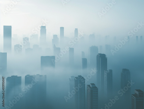 Description  A serene cityscape shrouded in dense morning fog  with skyscrapers partially obscured  creating a mystical atmosphere.