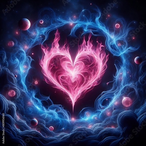 A fantastical depiction of a vibrant heart-shaped nebula surrounded by swirling cosmic clouds and celestial bodies