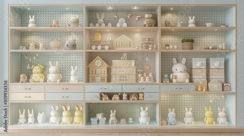 Adorable, well organized nursery shelf displays a variety of stuffed bunnies, toy houses, and decorative items in a soft, pastel color palette perfect for a child's room photo