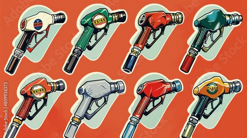Collection of gas station stickers depicting fueling guns and nozzles, each labeled with different types of petrol in various colors photo