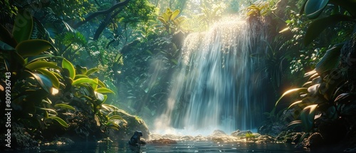 A waterfall in a lush jungle with sunlight shining on it