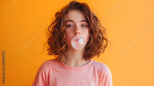 Young playful lady with short hair blowing bubble with chewing gum