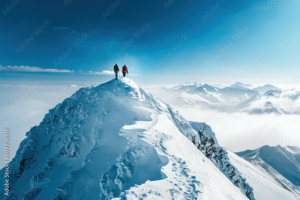 Two people are standing on a snowy mountain peak Two people are standing on a snowy mountain peak