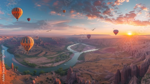 A hot air balloon ride over a valley with a river photo