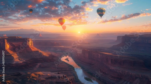 A beautiful sunset over a canyon with hot air balloons flying in the sky photo