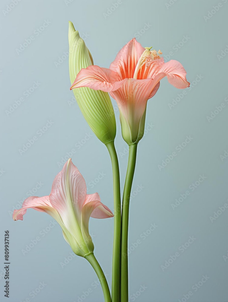 Amaryllis bud beginning to open, captured against a gentle pastel green backdrop, symbolizing new life and growth Amaryllis bud beginning to open, captured against a gentle pastel green backdrop, symbolizing new life and growth