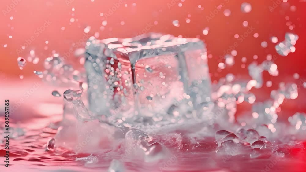 A clear ice cube being struck by splashes of water, creating ripples and drops on its surface. A clear ice cube being struck by splashes of water, creating ripples and drops on its surface.