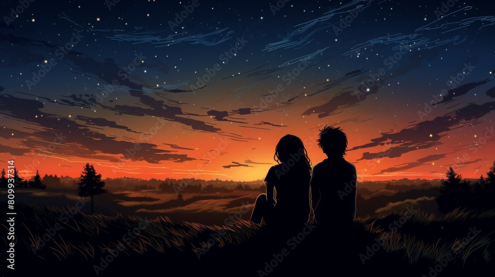 The couple is sitting on a hill, watching the sunset