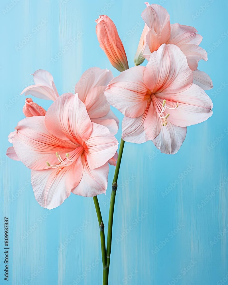 Obraz premium Closeup of an Amaryllis flowers vibrant petals, showcased against a soft pastel blue background to highlight its delicate textures