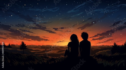 The couple is sitting on a hill  watching the sunset