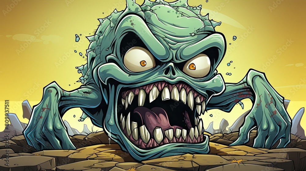 Vivid Cartoon Zombie Crawling in a Deserted Landscape, Vector Illustration Vivid Cartoon Zombie Crawling in a Deserted Landscape, Vector Illustration