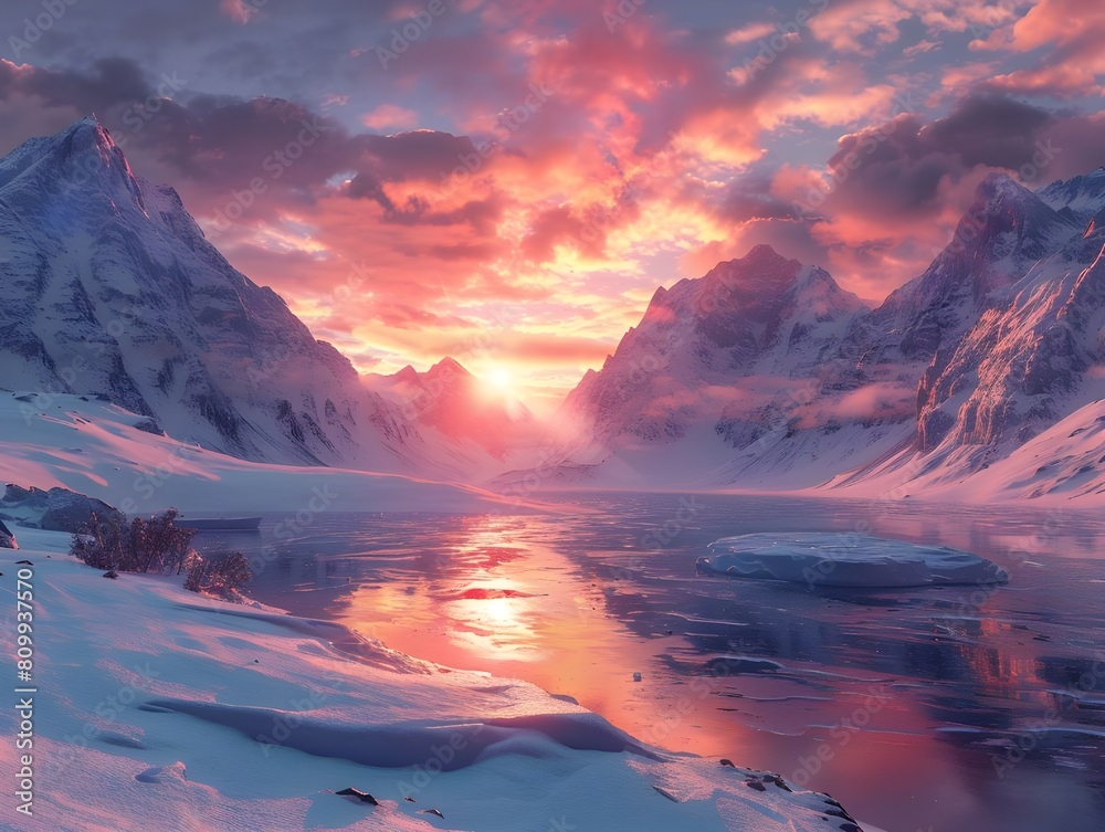 Sunset Glow Over Snowy Mountain Lake Ai generated