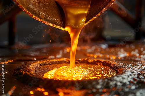 Liquid golds mesmerizing pour into a mold, captured in stunning detail, a metaphor for wealth creation and metallurgical mastery  photo