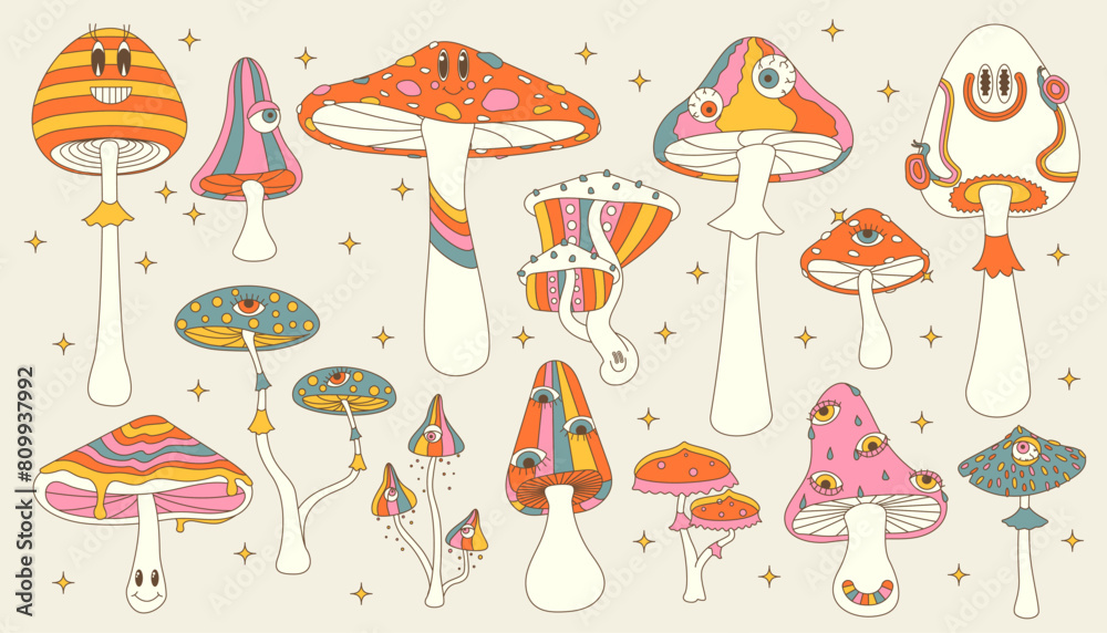 Set of stylizes hippie mushrooms. Summer psychedelic elemenst in 70s and 80s style. Vibrant groovy and funky fungus. Set of stylizes hippie mushrooms. Summer psychedelic elemenst in 70s and 80s style. Vibrant groovy and funky fungus.