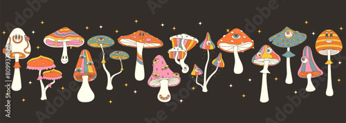 Stylizes hippie mushrooms banner  wallpaper. Summer psychedelic elemenst in 70s and 80s style. Vibrant groovy and funky fungus. Black background