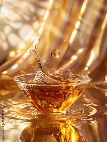 Darjeeling Tea Splash in Crystal Cup with Intricate Leaf Details and Rippling Liquid