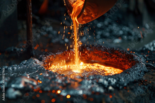Liquid irons fiery pour into a mold, a spectacle of luminosity and heat showcasing the foundational work of metallurgy 