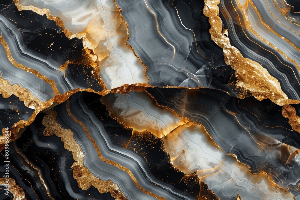 Black and gray agate surface pattern with golden veins Black and gray agate surface pattern with golden veins