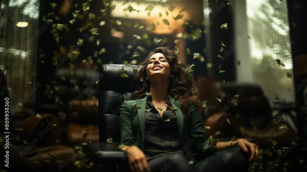 Happy Young Business Woman Enjoying a Peaceful Moment Surrounded by Fluttering Leaves in an Elegant Office Setting Happy Young Business Woman Enjoying a Peaceful Moment Surrounded by Fluttering Leaves in an Elegant Office Setting