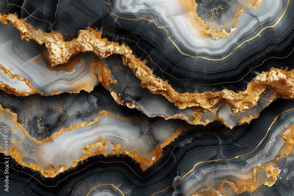 Black and gray agate surface pattern with golden veins Black and gray agate surface pattern with golden veins