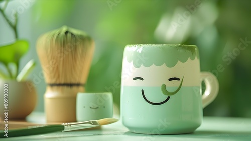 Whimsical Matcha Teacup with Paintbrush Winks Mischievously Preparing to Create a Playful Design on a Blank Canvas